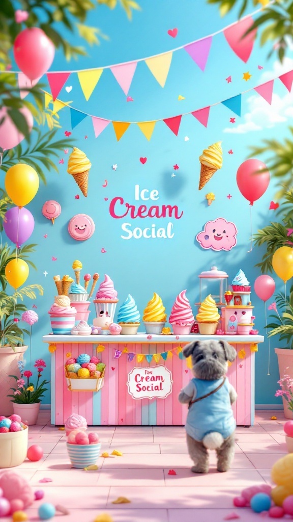 A vibrant ice cream social setup with pastel ice cream cones and a cheerful background.