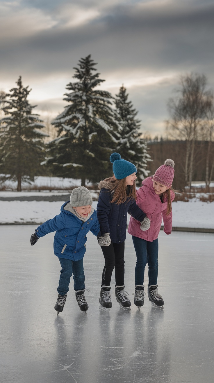 Three children happily ice skating together on a snowy landscape.