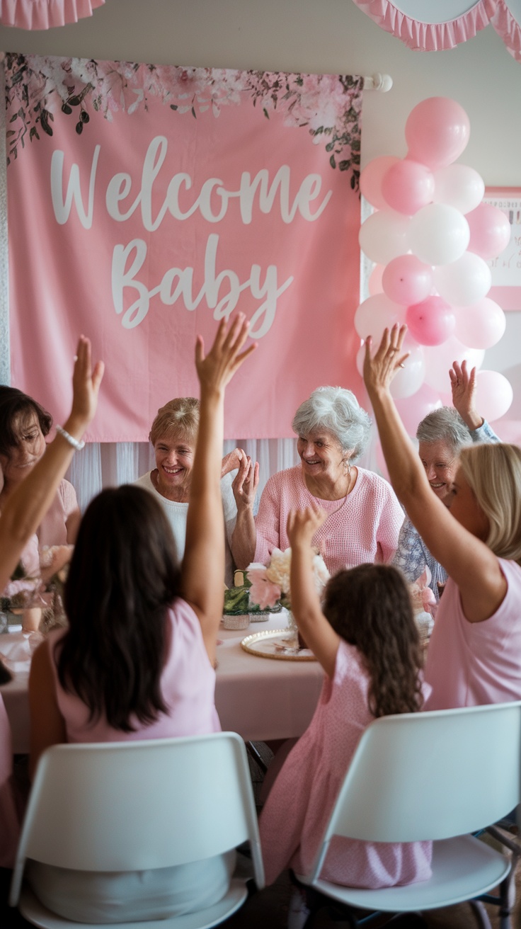 A joyful family gathering celebrating a baby shower with decorations and smiling faces.