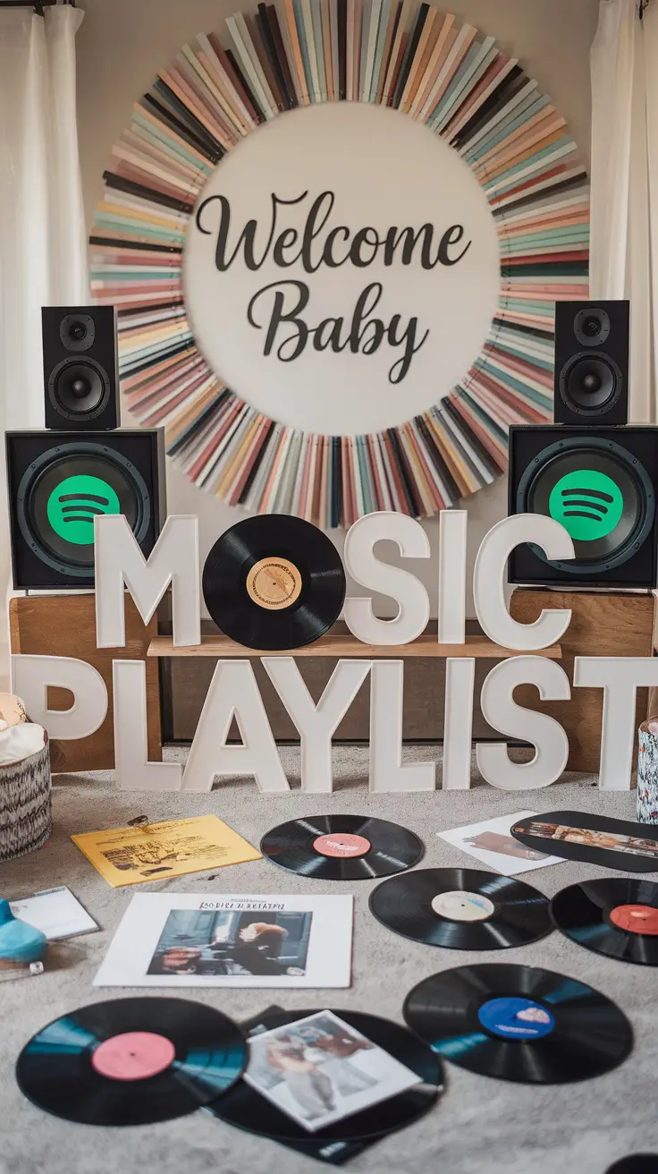 A cozy baby shower setup with a music playlist display and vinyl records spread out.