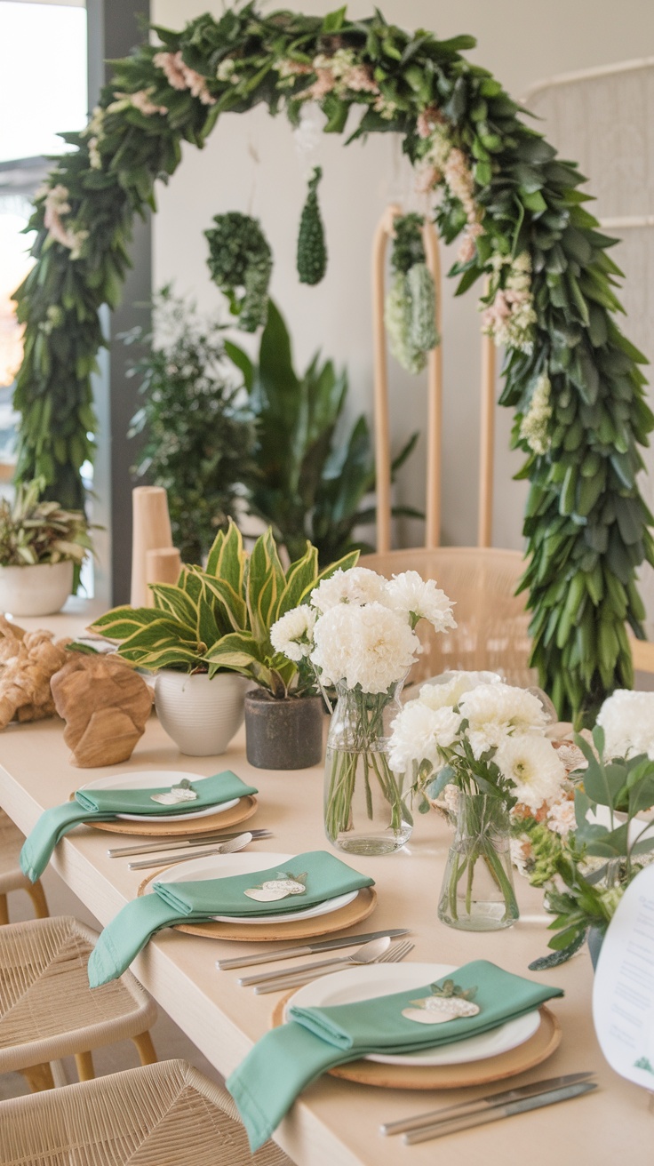 A beautifully arranged table with green decor, plants, and flowers for a baby shower.