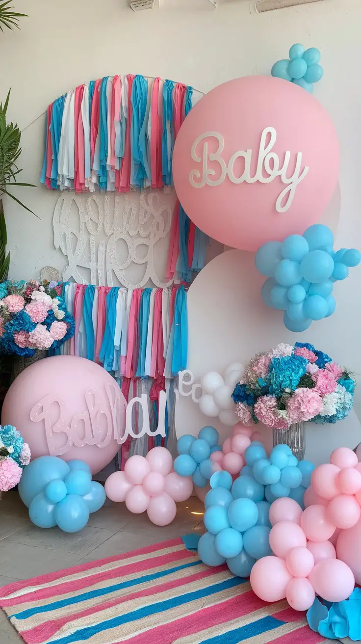 Colorful baby shower decor with pink and blue balloons and a backdrop featuring the word 'Baby'.