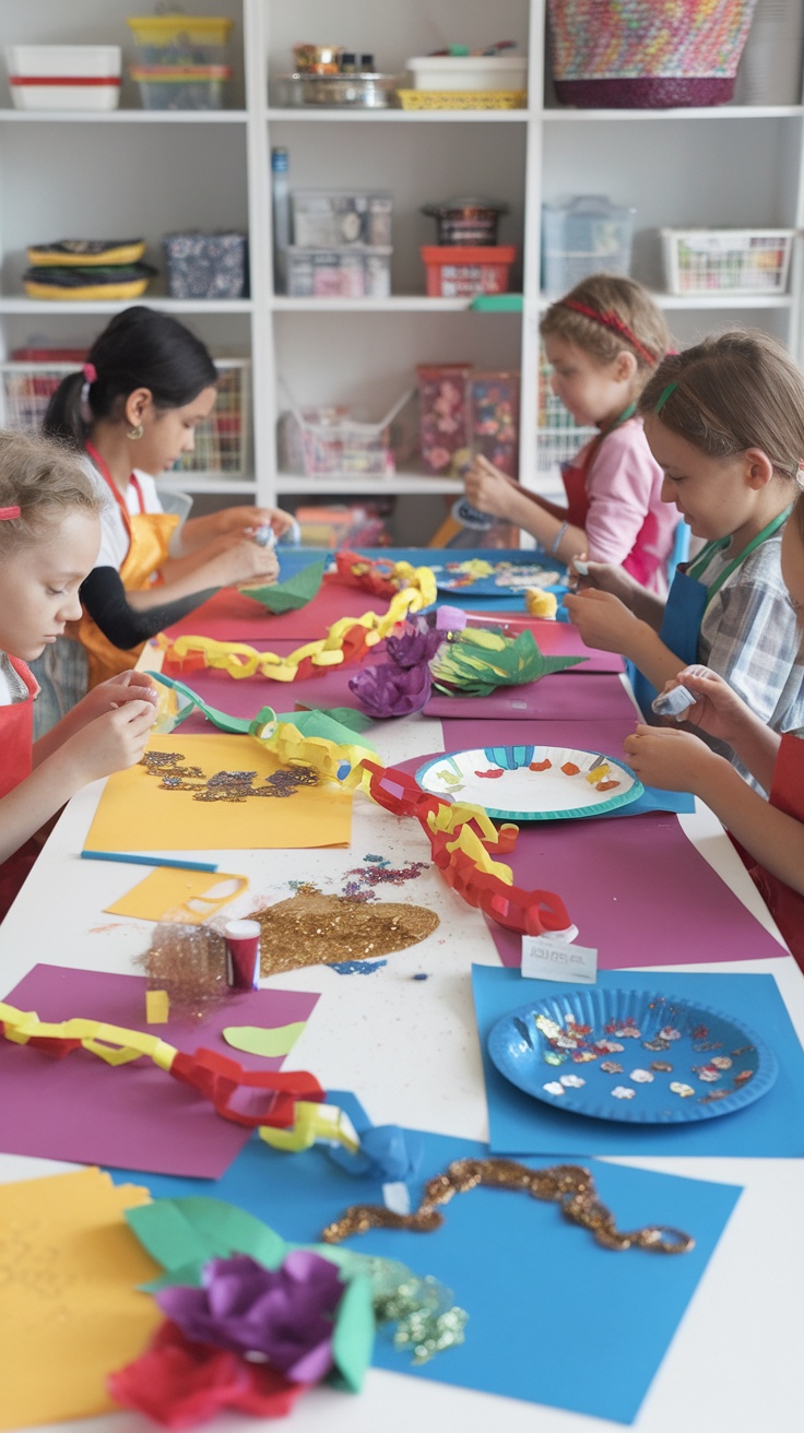 Children engaged in colorful indoor craft projects, using papers, glitter, and glue at a table.