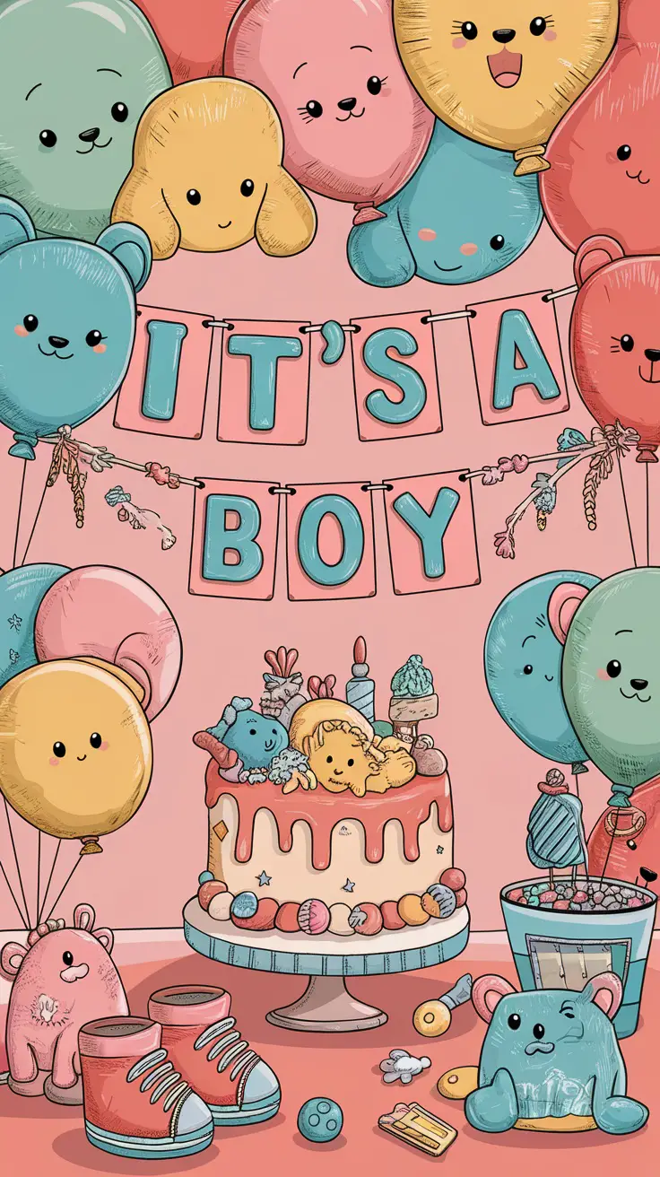 A colorful and adorable baby shower setup featuring balloons, a cake, and cute decorations.