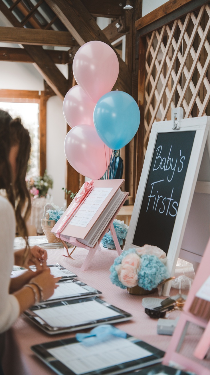 A baby shower table with balloons and a sign saying 'Baby's Firsts', featuring a keepsake book for guests to sign.