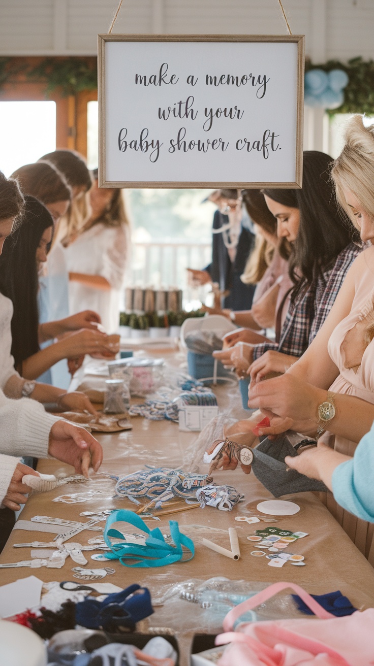 Guests engaged in crafting at a baby shower DIY station.