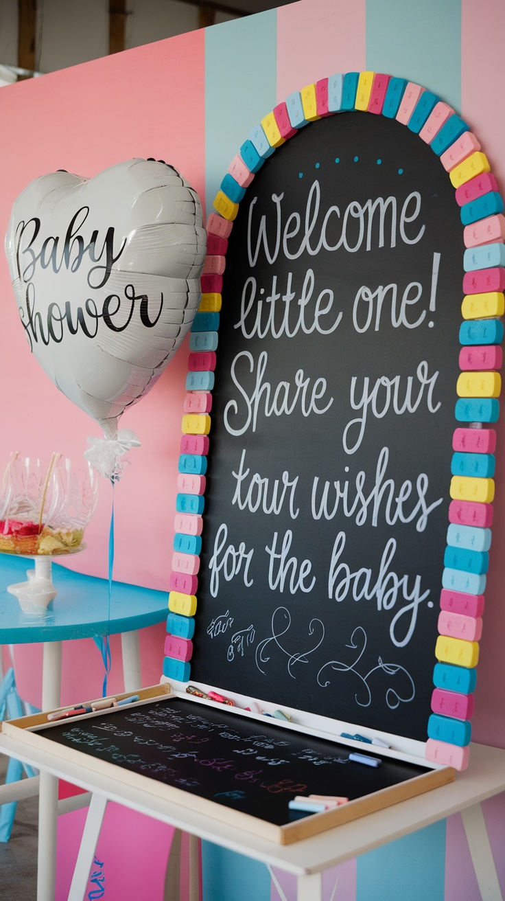 A colorful chalkboard at a baby shower displaying the message 'Welcome little one! Share your wishes for the baby.' with decorative elements.