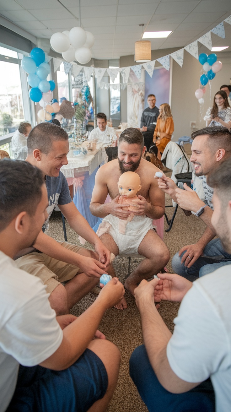 A group of men at a baby shower engaging in games with a baby doll.