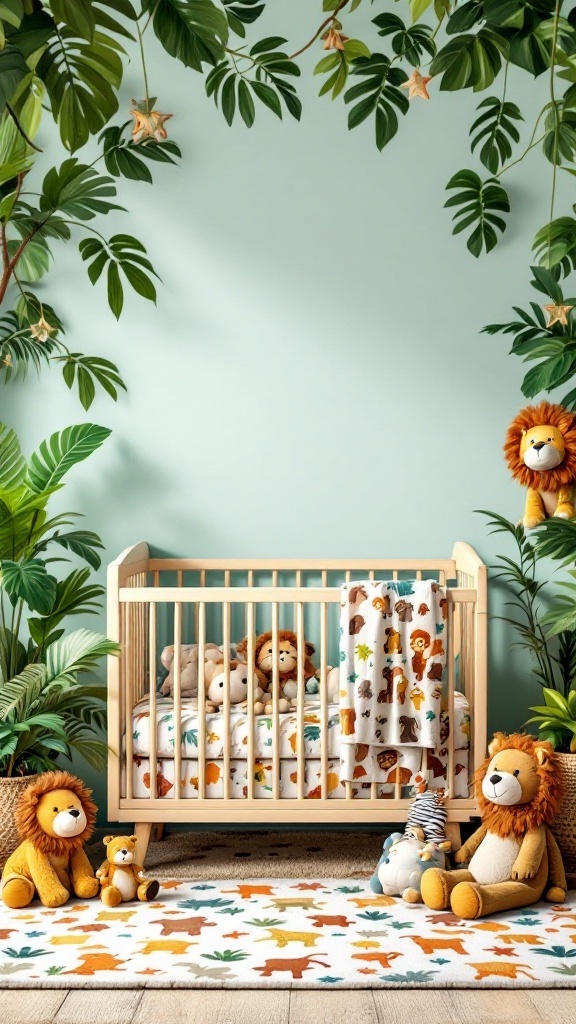 A baby boy nursery decorated in a Jungle Safari theme with a crib, animal toys, and leafy decor.