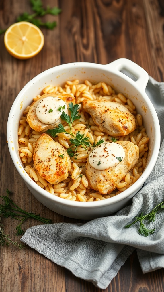 A delicious lemon herb chicken casserole with orzo, served in a white dish.