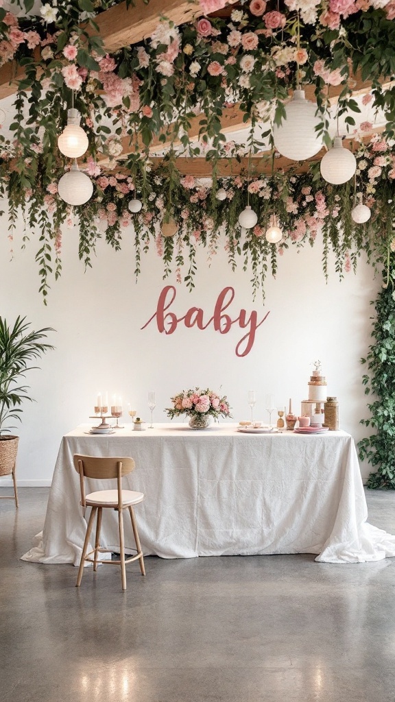 A beautifully decorated baby shower setting with flowers and soft lighting.