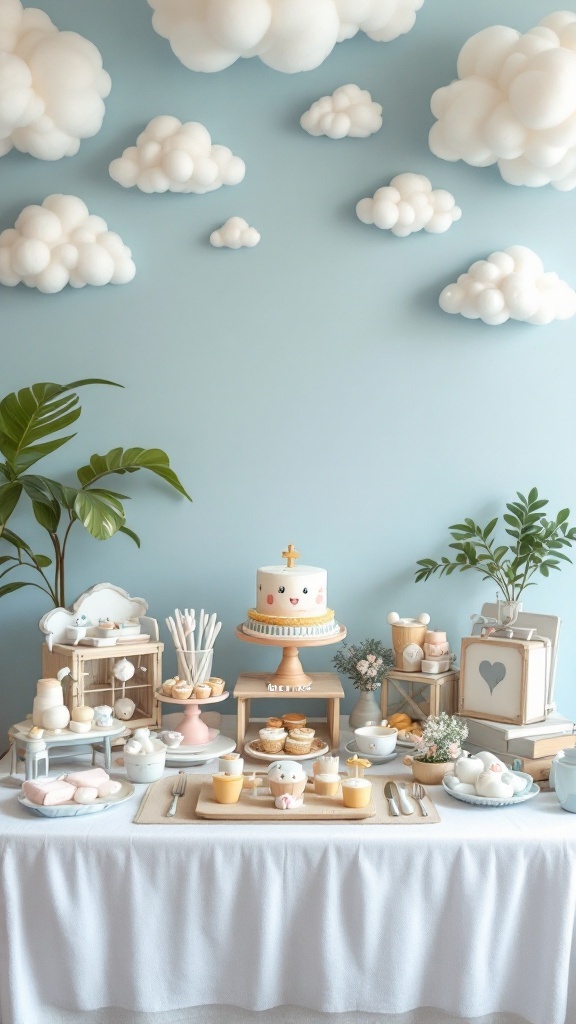 A baby shower setup featuring clouds, a cake, and assorted treats, creating a Little Aviator theme.