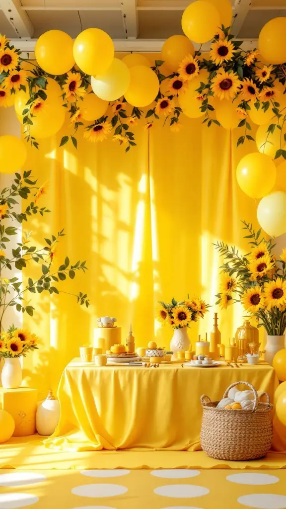 A bright and cheerful baby shower setup featuring yellow decor and sunflowers.