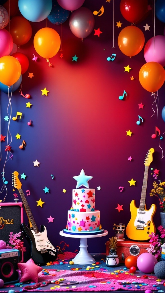 A colorful baby shower setup with guitars, musical notes, a star cake, and balloons.