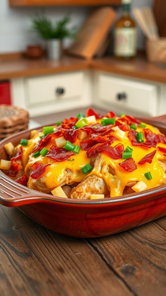 A delicious loaded baked potato chicken casserole topped with cheese, bacon, and green onions.