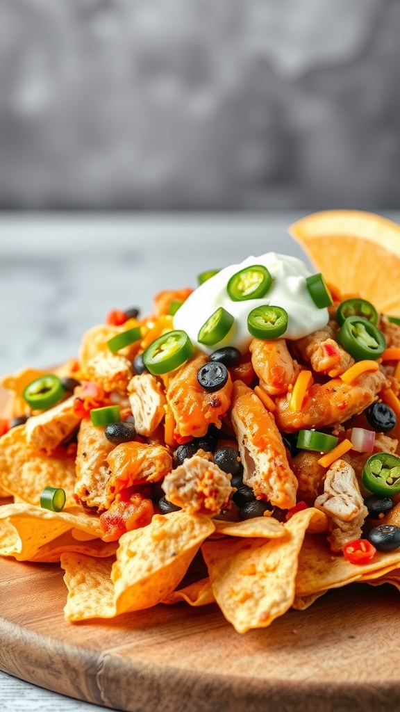 A plate of loaded nachos topped with shredded chicken, jalapeños, olives, and sour cream.