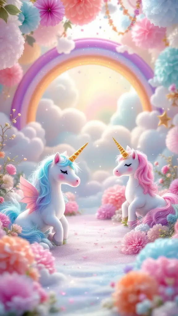 A colorful baby shower theme featuring unicorns, pastel flowers, and a rainbow.
