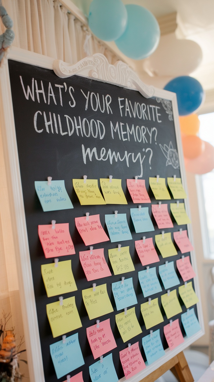 A chalkboard with colorful sticky notes asking guests about their favorite childhood memory.