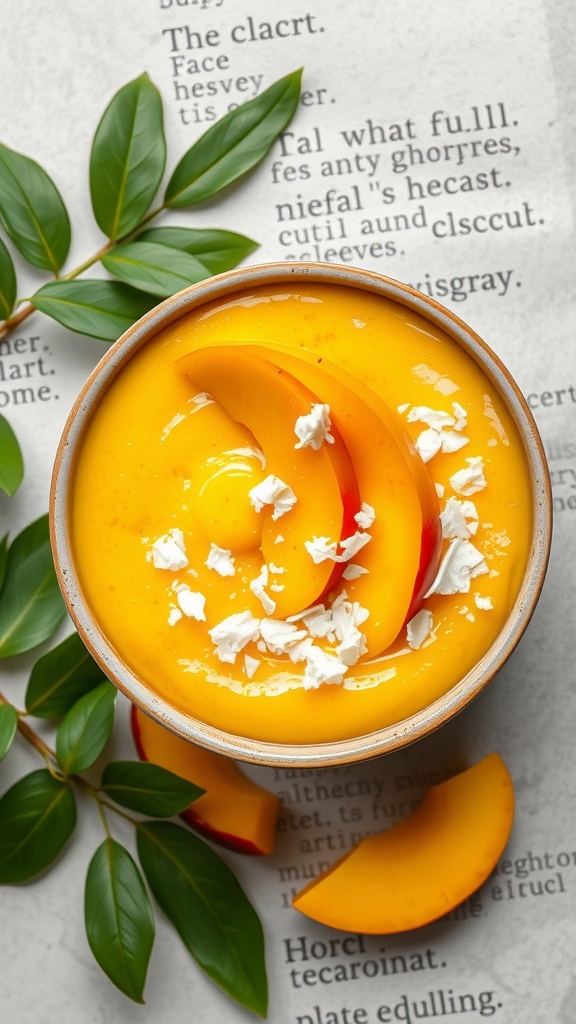 A bowl of mango and coconut puree topped with coconut flakes and mango slices.