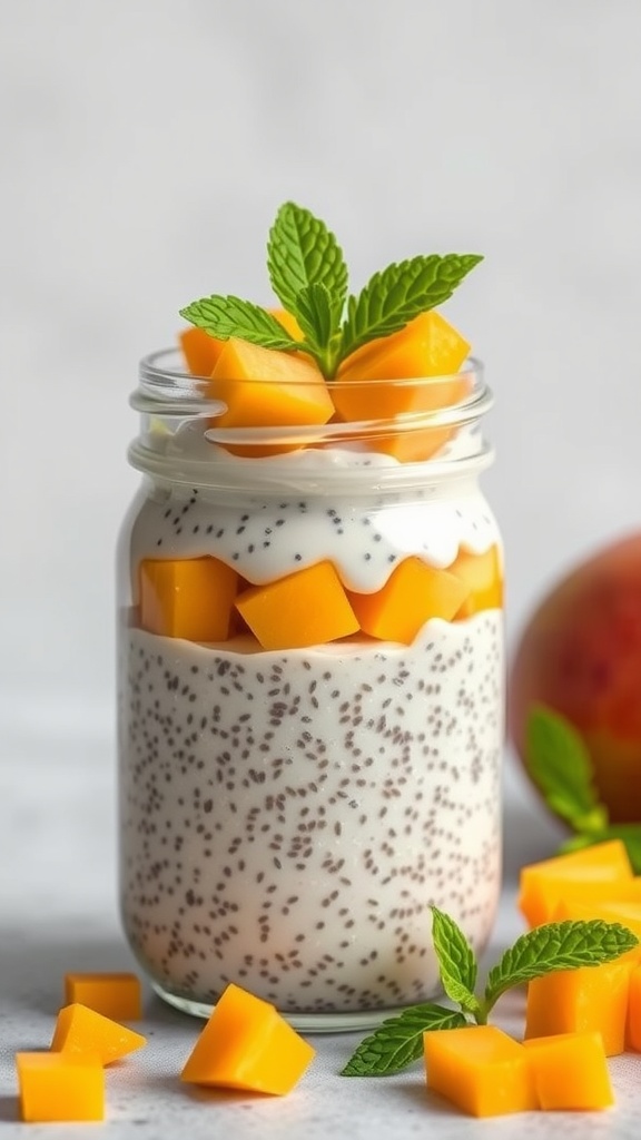 A jar of mango coconut chia pudding topped with mango cubes and mint leaves