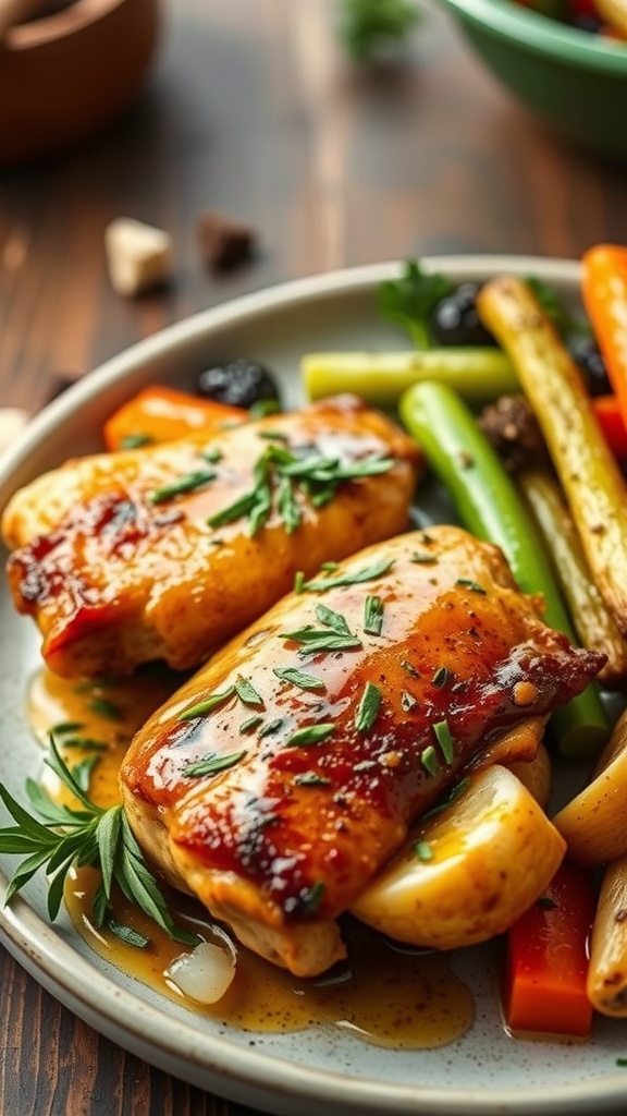 Plate of maple mustard glazed chicken with colorful vegetables