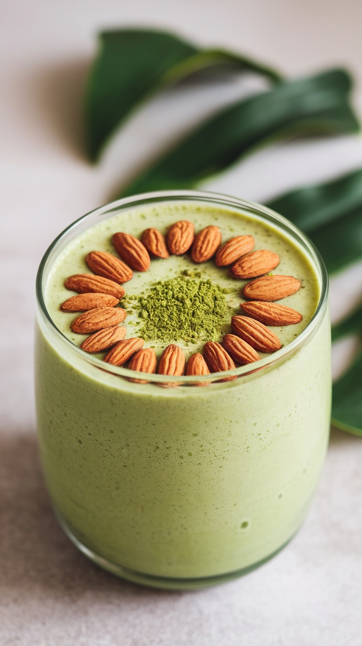 A glass of green matcha almond smoothie topped with almonds.