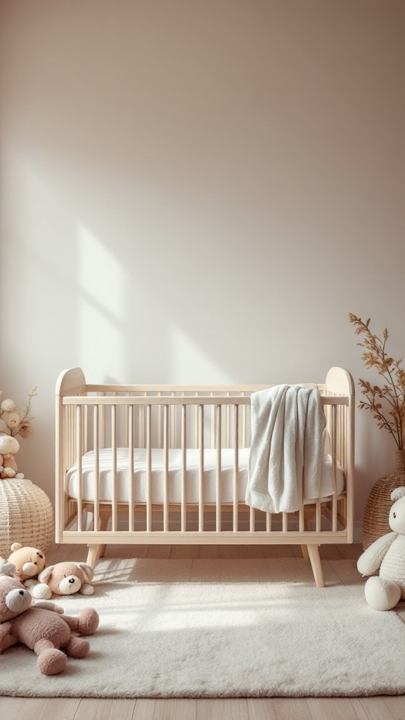 A cozy nursery featuring a crib with a soft blanket and plush toys on the floor.