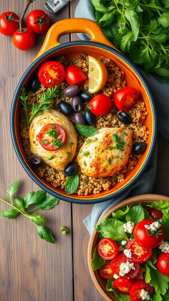 A colorful Mediterranean chicken and quinoa bake with tomatoes, olives, and herbs in a vibrant dish.