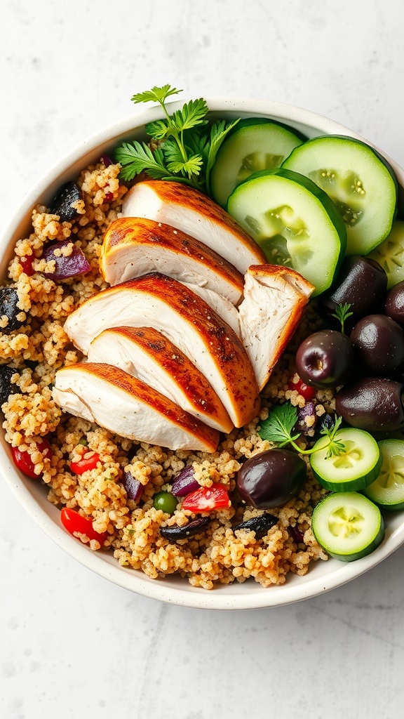 A Mediterranean grain bowl with couscous, sliced rotisserie chicken, cucumbers, olives, and parsley.