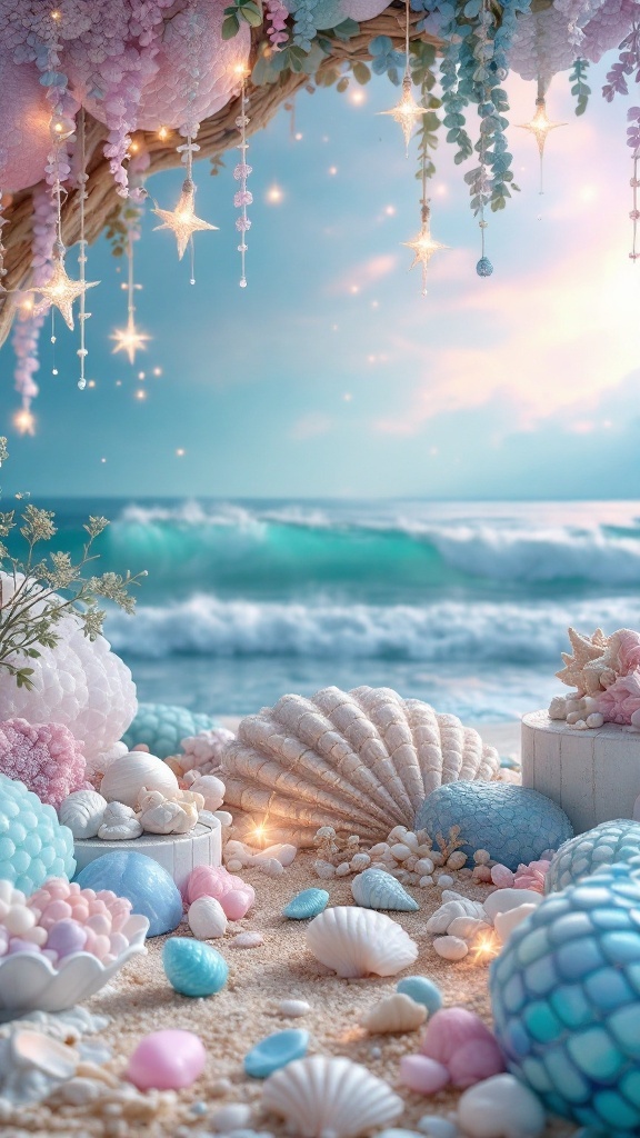 A dreamy beach-themed decoration with seashells and pastel colors.