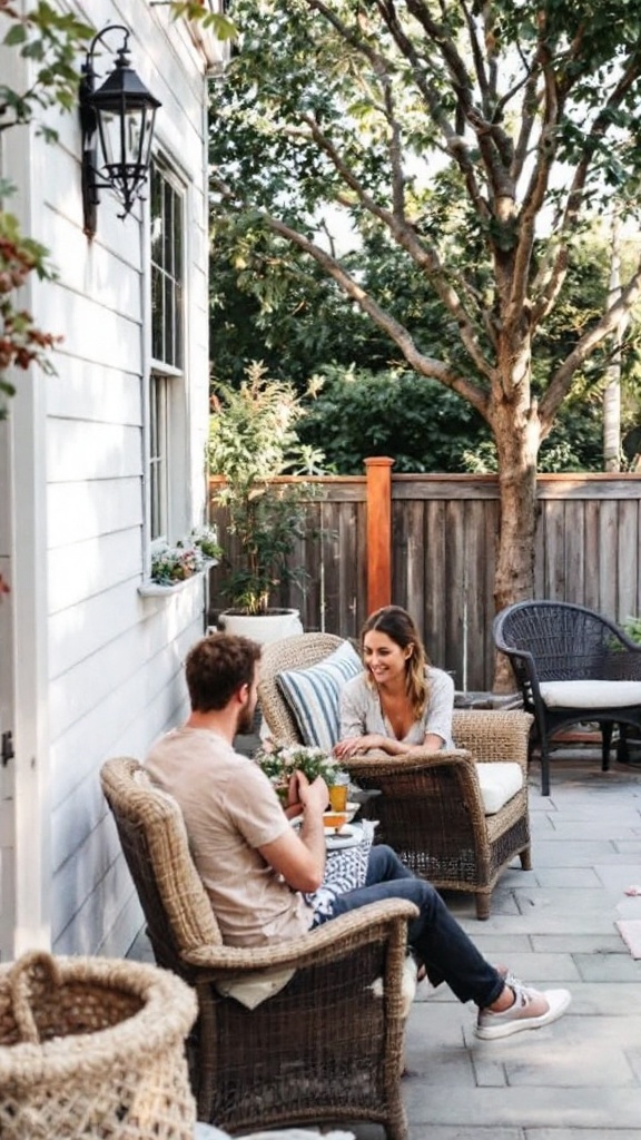 An outdoor seating area at Milk & Roses, featuring comfortable chairs and greenery.