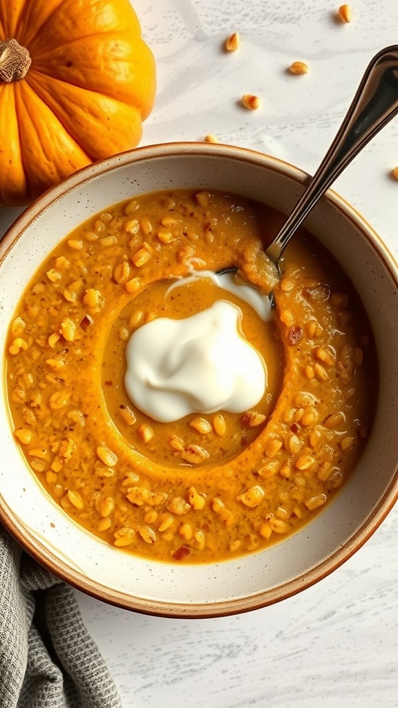 A bowl of millet and pumpkin porridge topped with a dollop of yogurt, surrounded by pumpkin seeds and a small pumpkin.