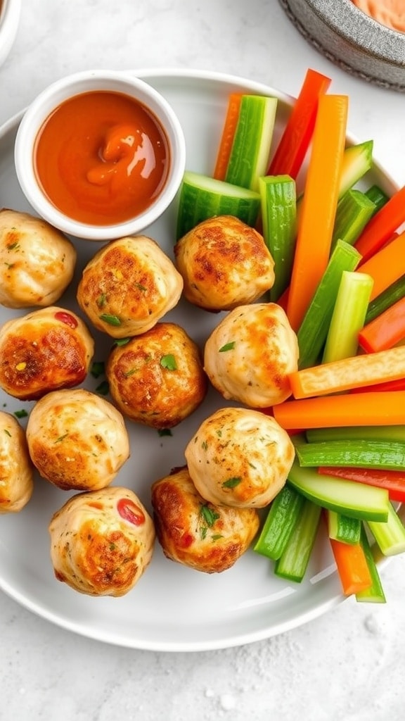 A plate of mini chicken and vegetable meatballs with a side of colorful veggie sticks and dipping sauce.