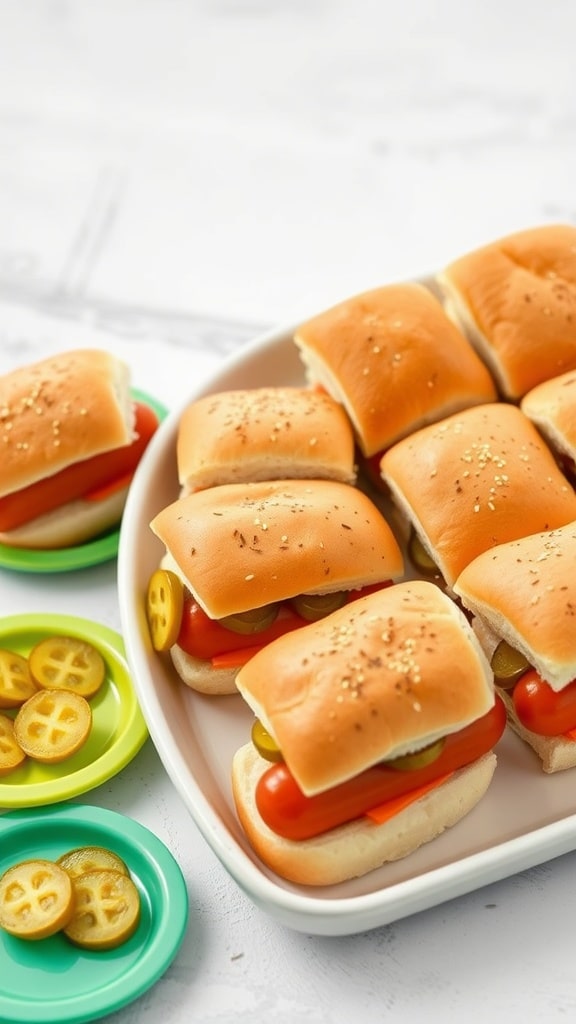 Mini hot dog sliders on a plate with small plates of pickles.