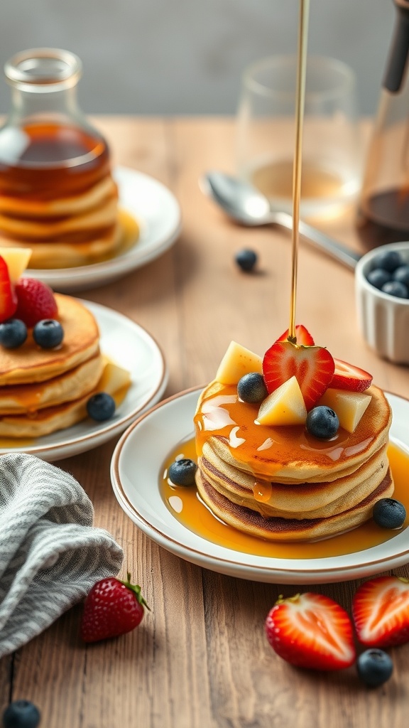 Mini pancake stacks topped with fruit, syrup, and a cozy dining setup.