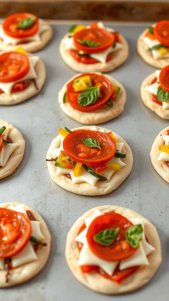 Mini pita pizzas topped with sauce, cheese, and colorful veggies.