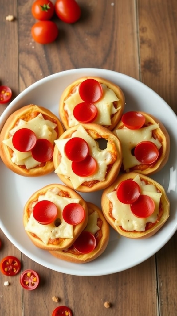 Mini pizza bagels topped with cheese and pepperoni on a plate