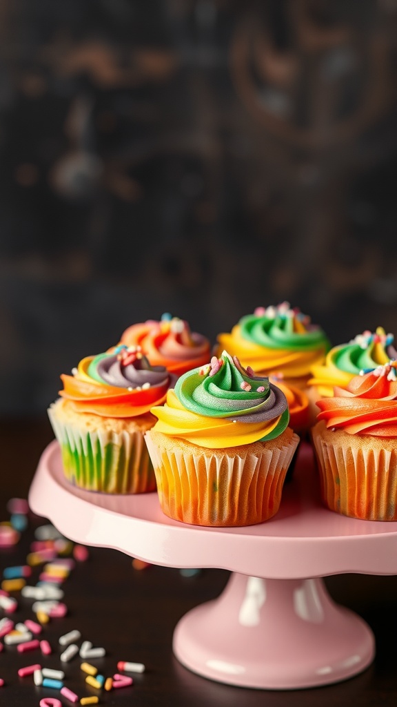 Colorful mini rainbow cupcakes with swirled frosting on a pink cake stand