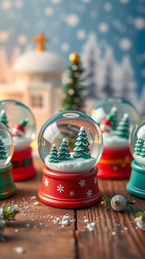 Colorful mini snow globes with Christmas trees and festive decorations.