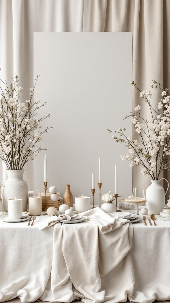 A minimalist chic baby shower setup featuring neutral colors and elegant decor.