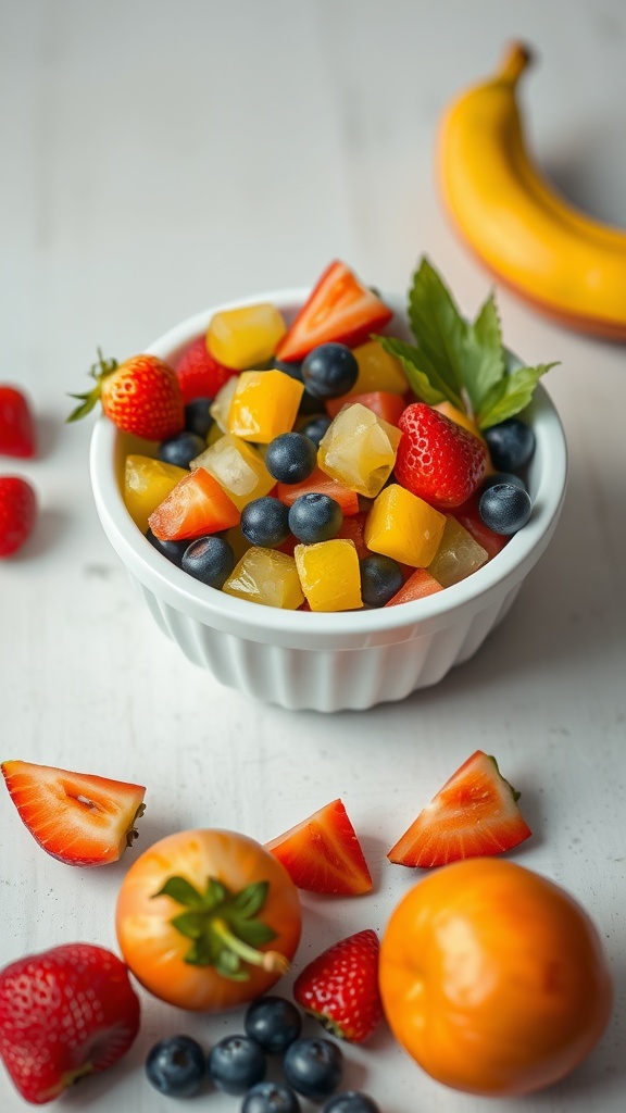 A bowl of mixed fruit salad with strawberries, blueberries, and diced fruit