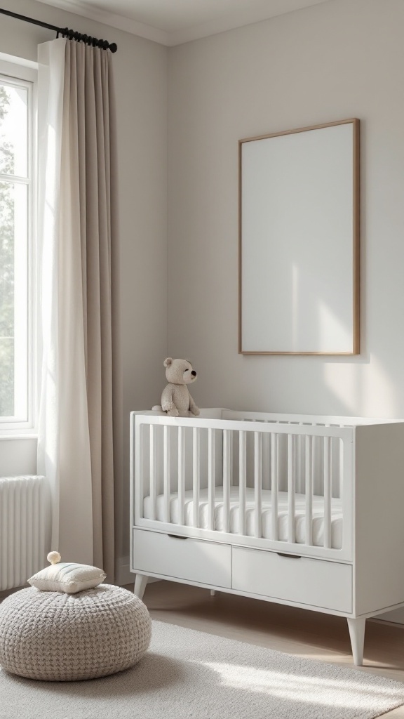 Modern minimalist baby boy nursery with a crib and soft furnishings.