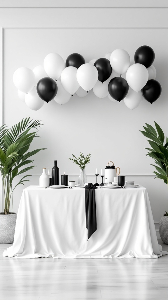 A modern baby shower setup featuring black and white balloons, a white tablecloth, and elegant tableware.