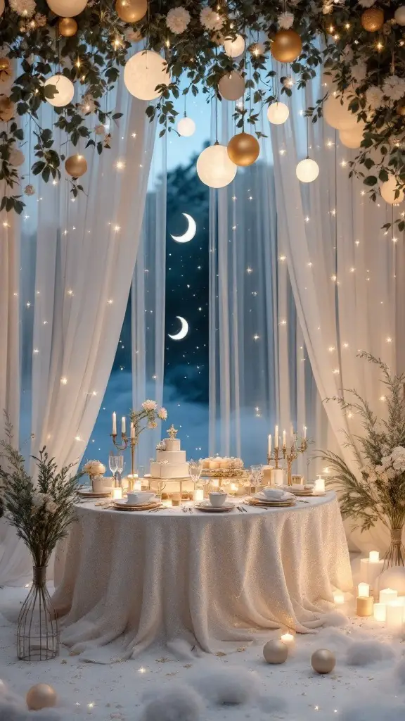 A beautifully decorated table with gold and silver accents, surrounded by soft lighting and moonlit decorations.
