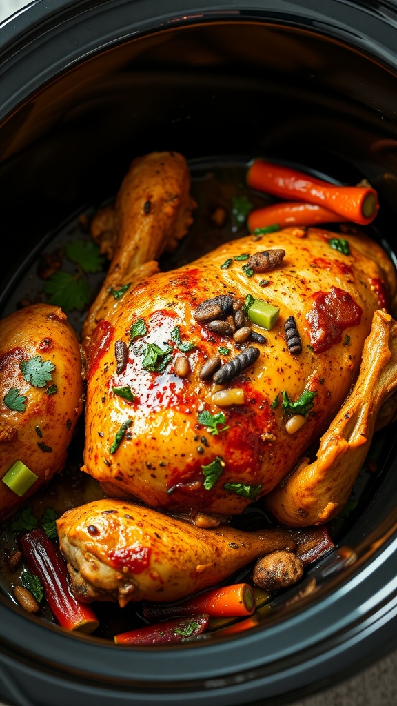 A whole chicken seasoned with Moroccan spices in a slow cooker, surrounded by carrots and herbs.