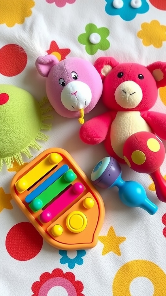 An assortment of colorful musical toys including a xylophone, plush toys, and a rattle on a patterned blanket.