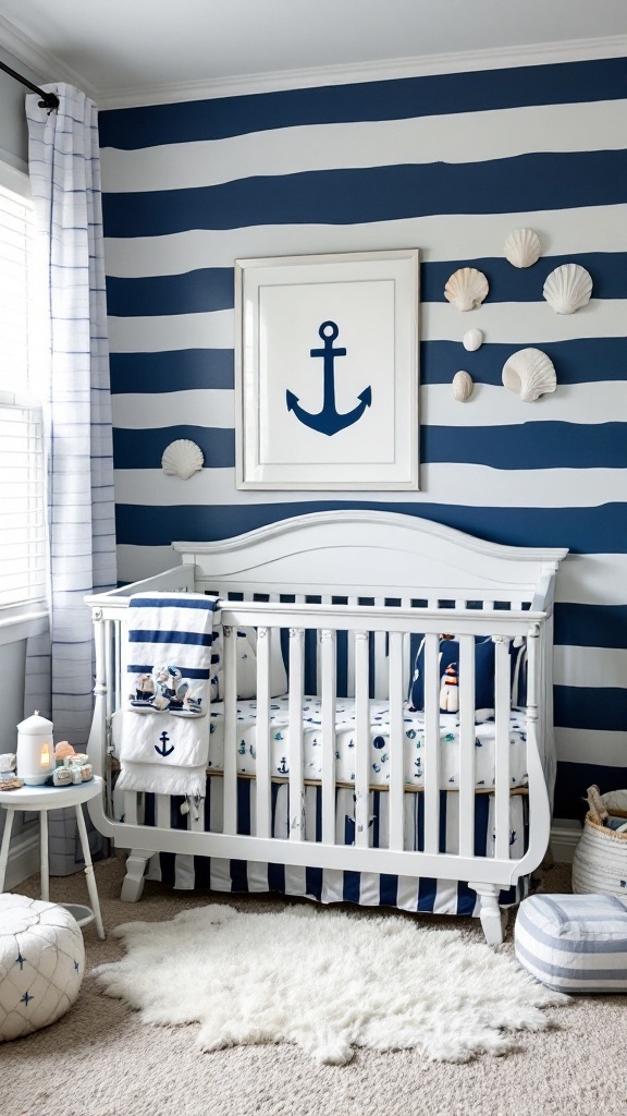 Nautical-themed baby boy nursery with navy striped walls and anchor decor