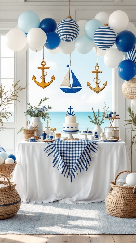 Decorative setup for a nautical baby shower featuring anchors and boats.