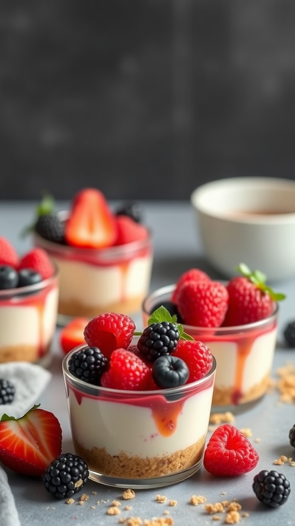 Delicious no-bake cheesecake cups topped with fresh berries and strawberries.