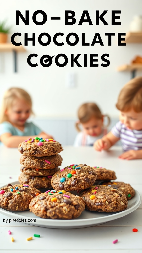 A plate of no-bake chocolate oatmeal cookies with colorful sprinkles and children in the background.